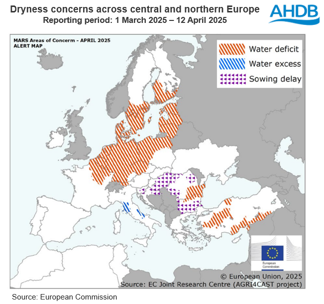 Map of Europe showing areas of dryness in central and northern regions